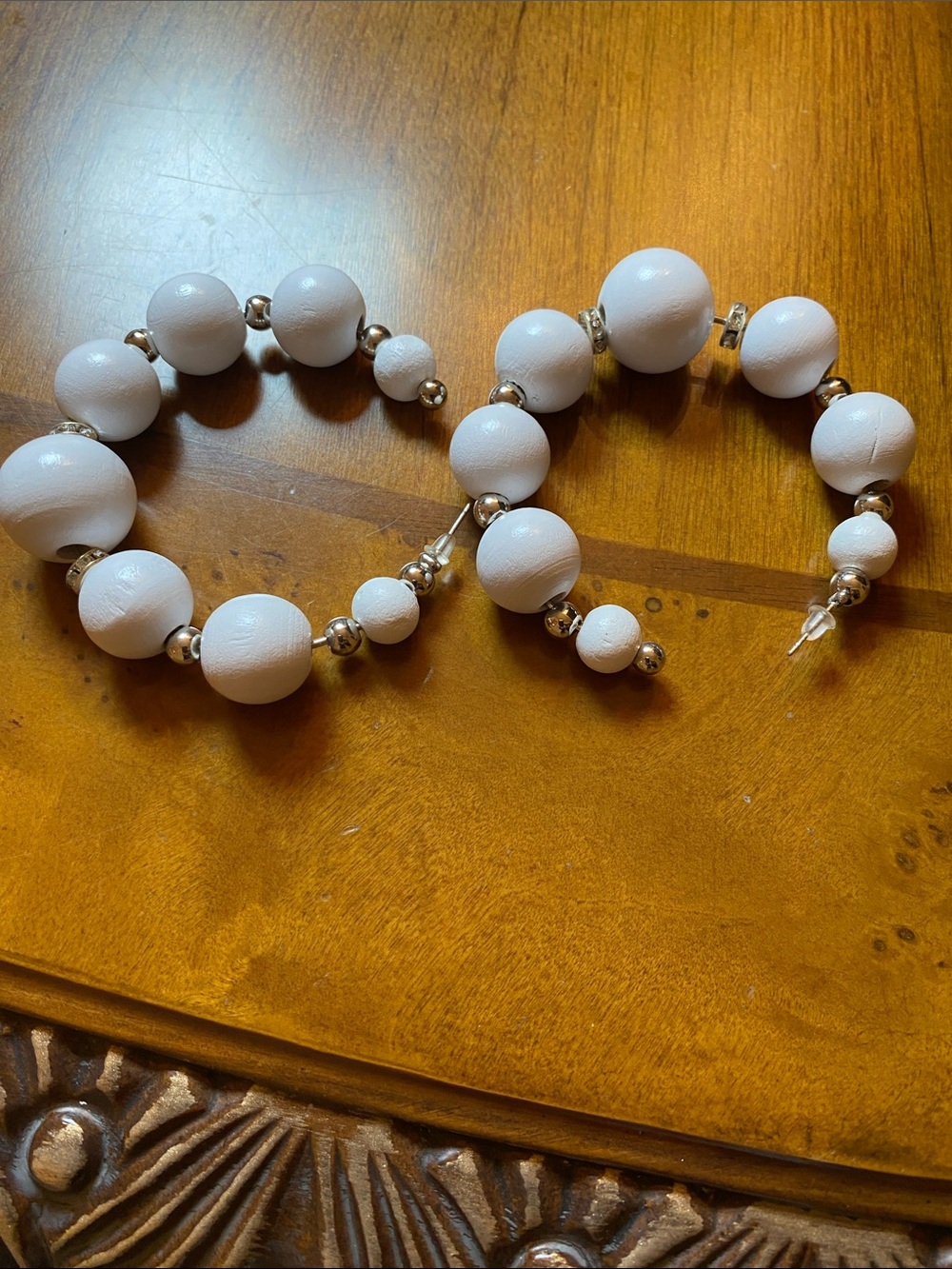 White Beaded Hoop Earrings with Gold Accent Beads - Women Jewelry